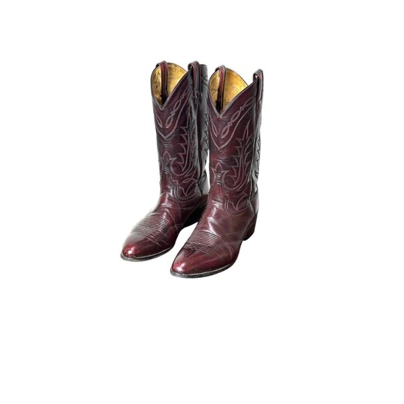 Vintage Tony Lama cowboy boots in dark cherry leather with flame stitching Made - Picture 2 of 9